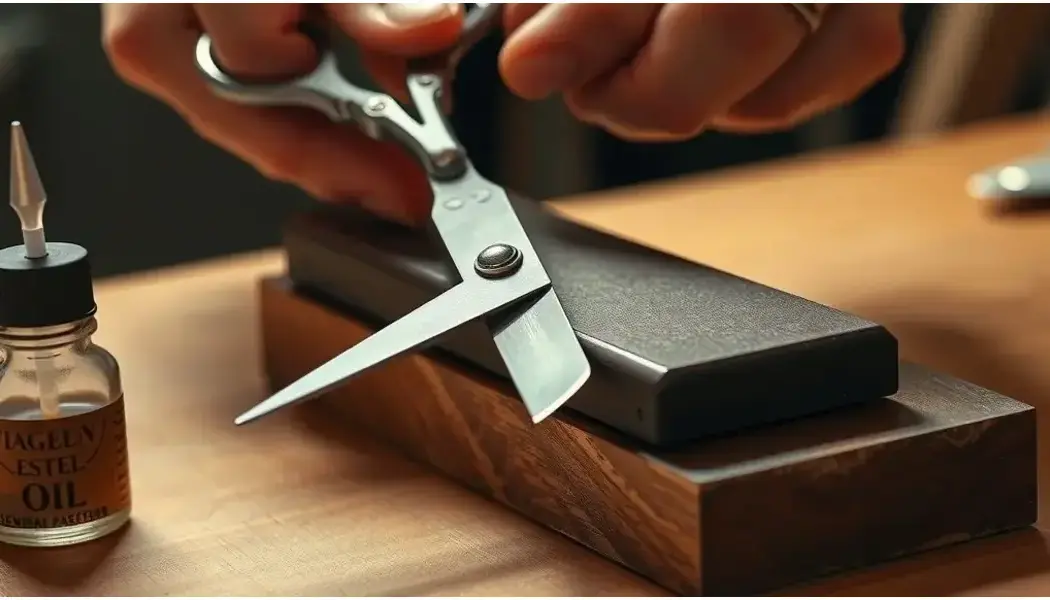 Hands sharpening vintage scissors on a whetstone with honing oil nearby