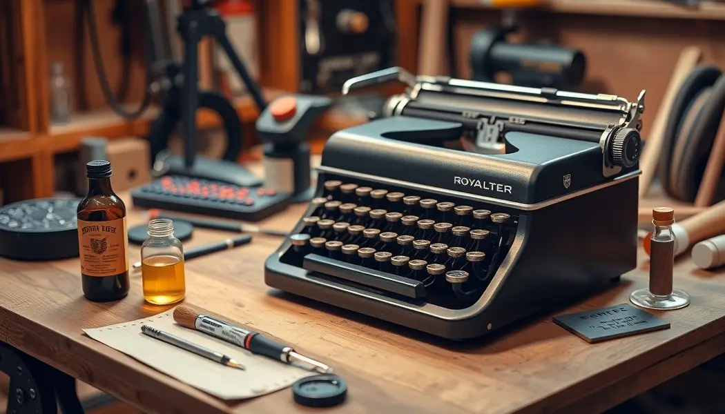Royal Quiet De Luxe typewriter on workbench with repair tools