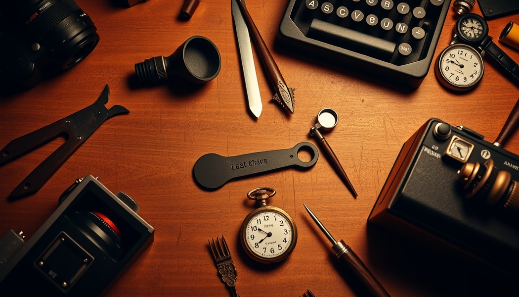 Vintage equipment restoration guide showing watch, sewing machine, camera and typewriter with repair tools