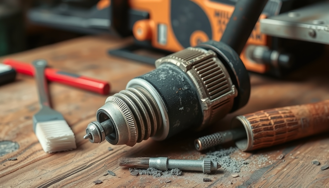Chainsaw spark plug with carbon buildup on workbench with cleaning tools