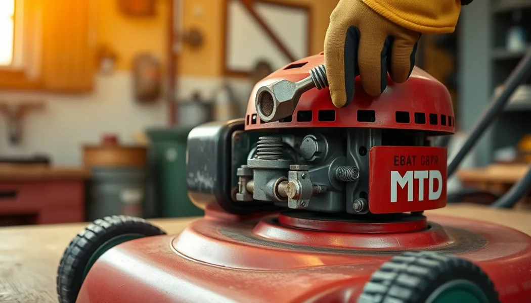 Vintage MTD lawn mower with engine cover open showing carburetor and spark plug inspection