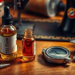 Flat lay of vintage equipment lubricants on wooden workbench: Tri-Flow oil bottle, sewing machine oil dropper, and watch oil vial arranged with vintage sewing machine presser foot, watch movement, and film camera lens cap