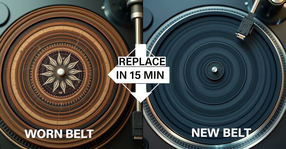 Split-screen comparison of worn vs. new turntable belt replacement. Left: cracked, glazed rubber belt on vintage turntable platter (muted tones, labeled WORN BELT). Right: pristine black replacement belt (vibrant colors, labeled NEW BELT). Center arrow reads REPLACE IN 15 MIN.