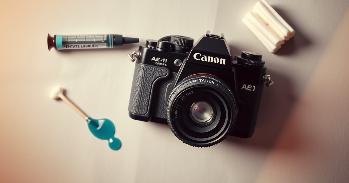 Close-up of Canon AE-1 Program camera with repair tools and lubricant on gray background
