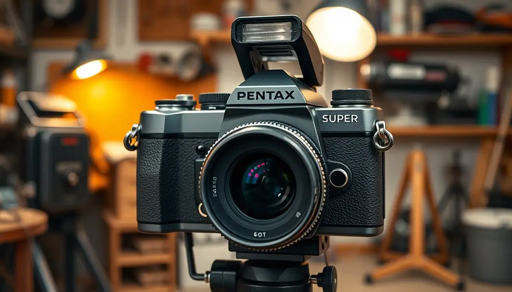 Pentax ME Super camera with flash unit mounted on hot shoe