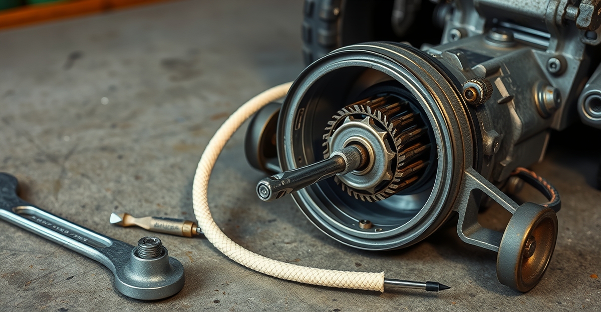 Disassembled lawn mower recoil starter assembly with pull cord and repair tools on workbench