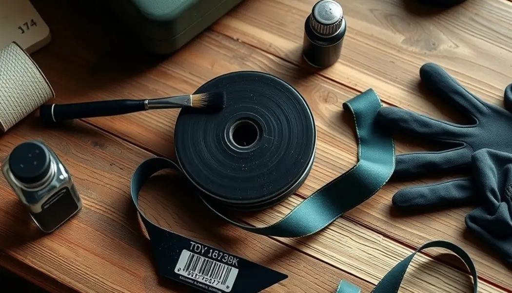 Re-inking a vintage typewriter ribbon with brush and ink bottle on workshop bench