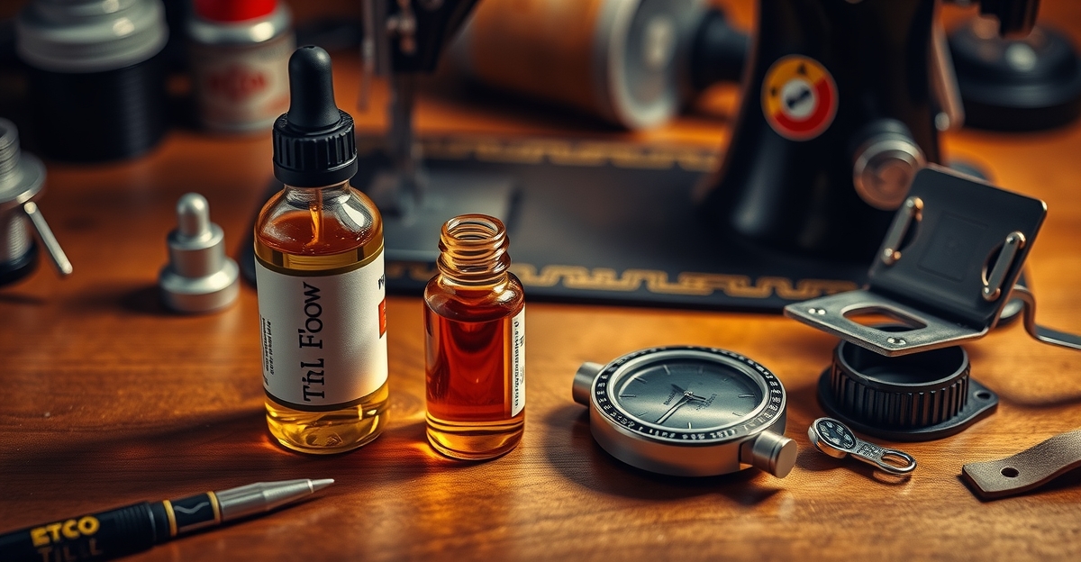 Flat lay of vintage equipment lubricants on wooden workbench: Tri-Flow oil bottle, sewing machine oil dropper, and watch oil vial arranged with vintage sewing machine presser foot, watch movement, and film camera lens cap