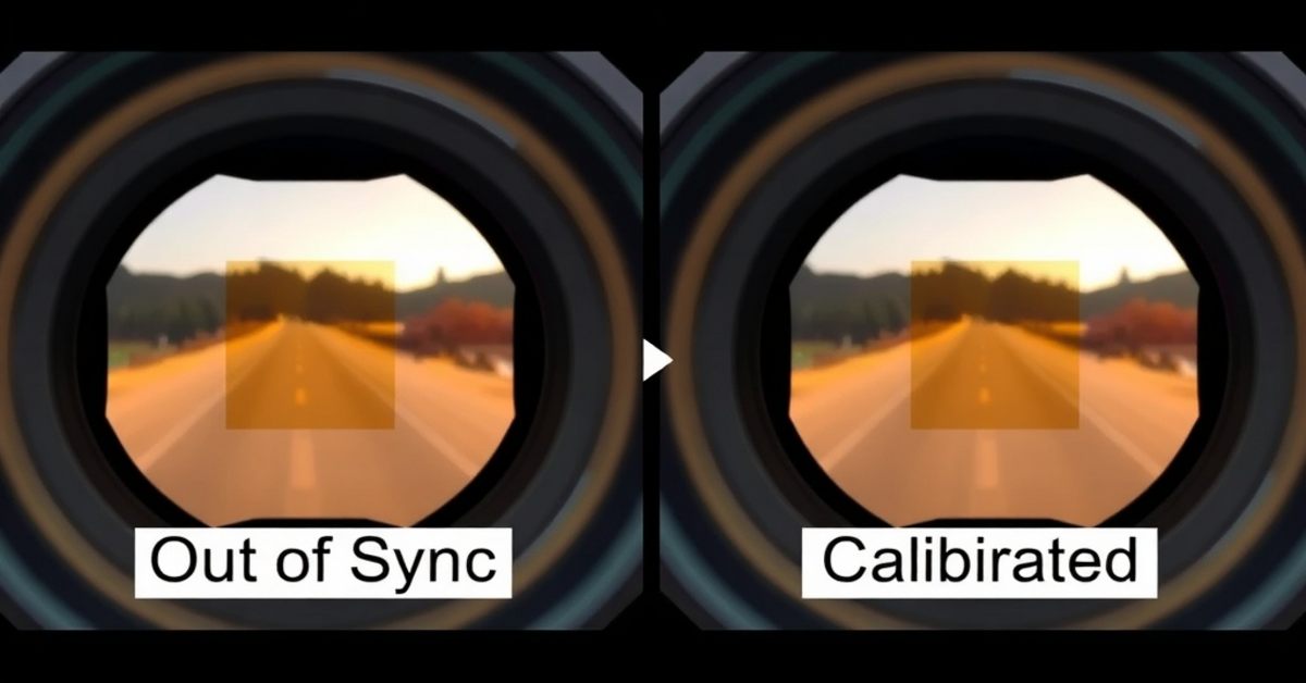 Comparison of rangefinder out-of-sync patch misalignment versus properly calibrated patch alignment in viewfinder