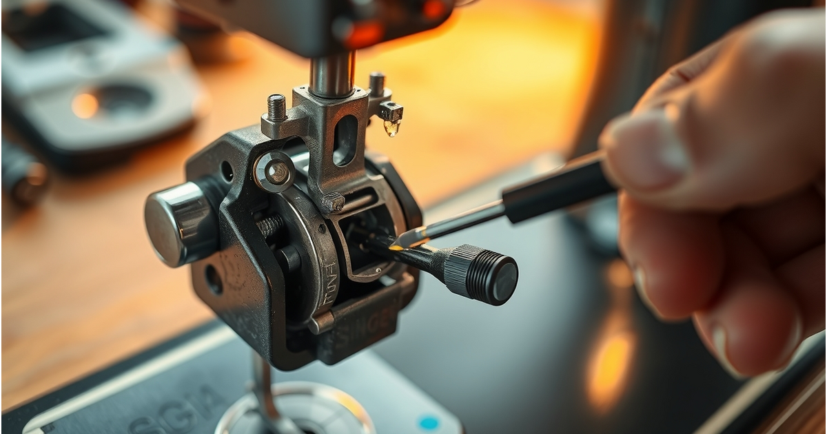 Vintage Singer 66 sewing machine hook race being carefully cleaned with a precision screwdriver, warm workshop lighting, shallow depth of field