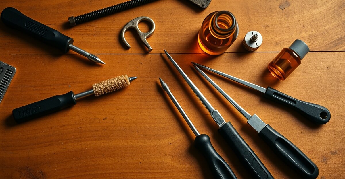 Top 10 sewing machine restoration tools laid out on a wooden workbench