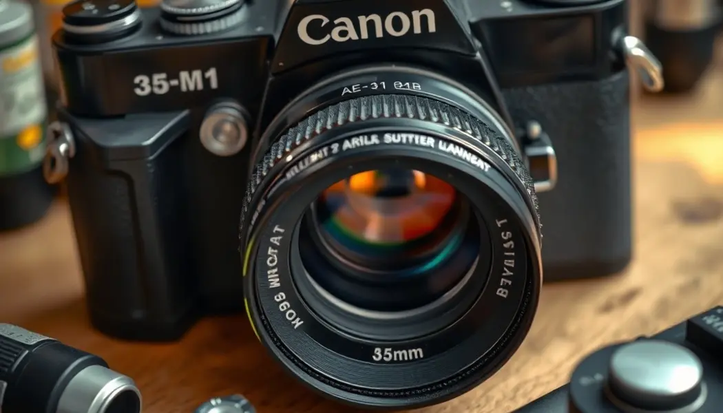 Vintage Canon AE-1 35mm film camera with repair tools on workshop bench