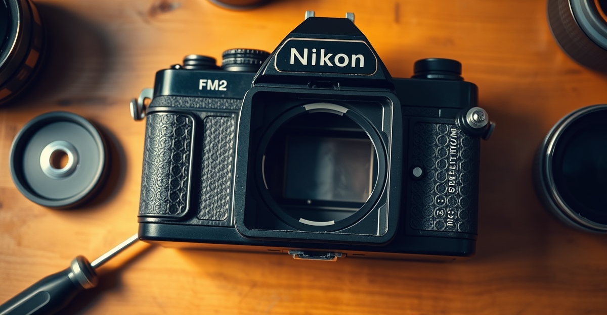Nikon FM2 SLR camera body with back plate open showing mirror mechanism and prism chamber on wooden workbench with precision repair tools