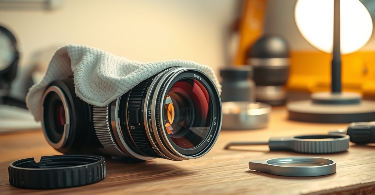 Before and after comparison of vintage camera lens fungus removal process