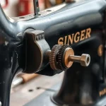 Vintage Singer 99K sewing machine timing mechanism with gear detail on workshop bench