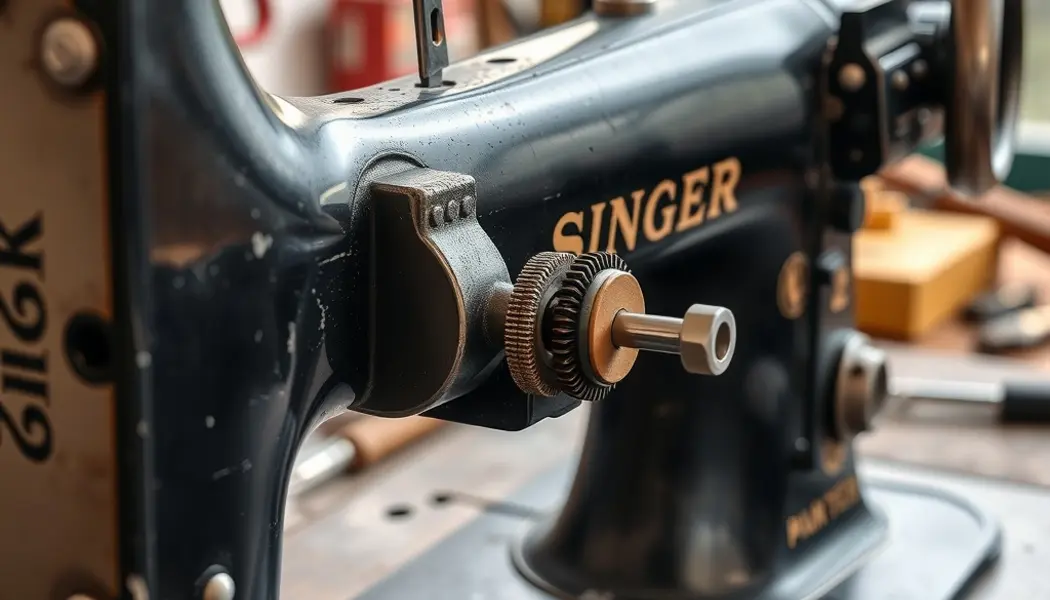 Vintage Singer 99K sewing machine timing mechanism with gear detail on workshop bench