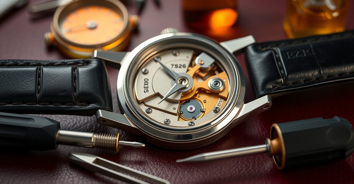 Seiko 5 automatic movement inside watch caseback with visible rotor and escape wheel components